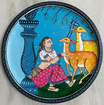 Traditional Madhubani Hand painted Wooden Wall Frame Woman and Deer